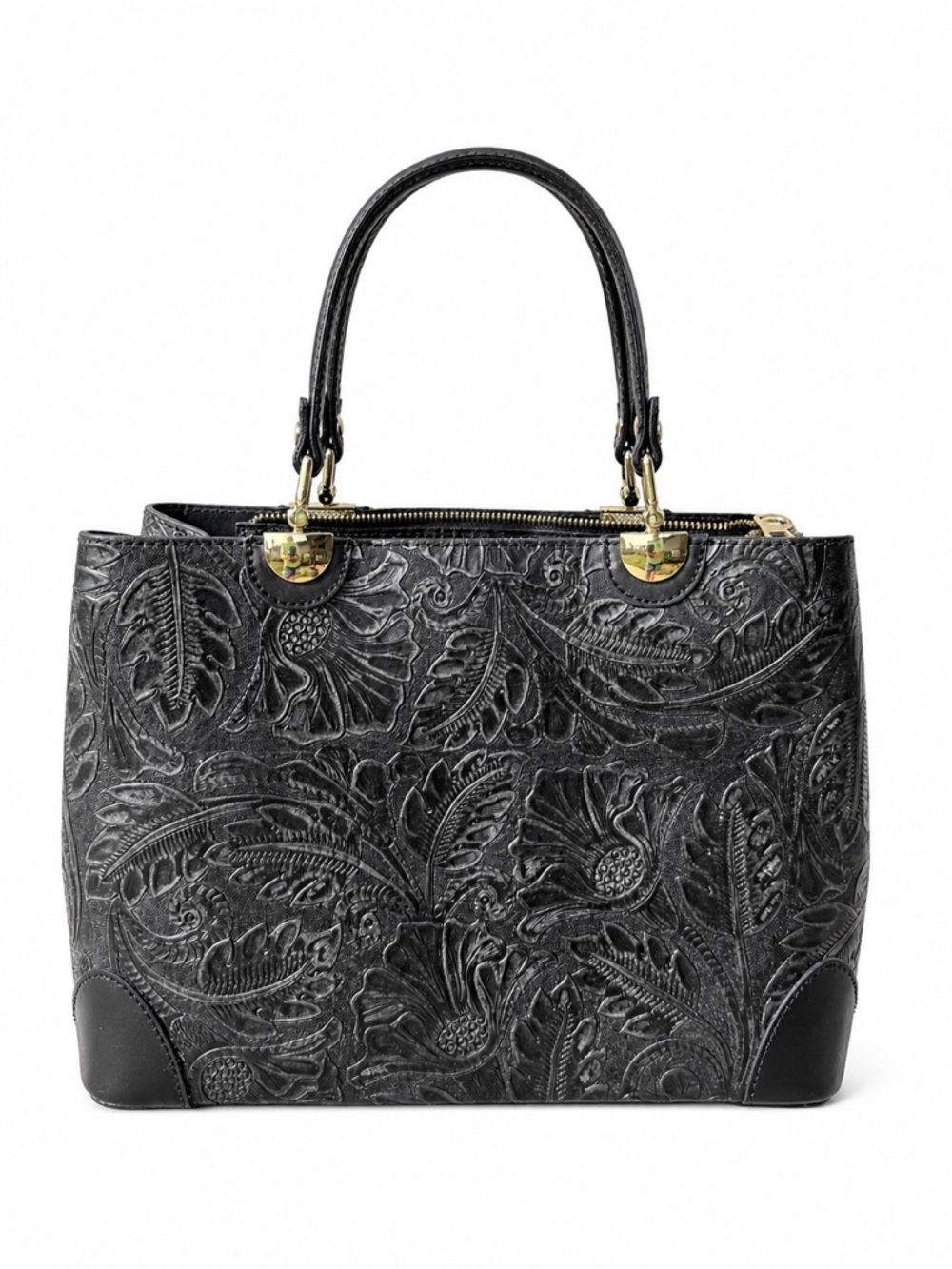 Italian Genuine Leather Embossed Tote Bag – Black w/ Gold Hardware